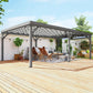 Gray wooden pergola over patio with cross-braced posts and open roof beams