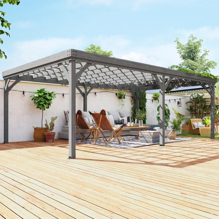 Gray wooden pergola over patio with cross-braced posts and open roof beams