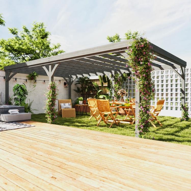 Gray wooden pergola with open side bays and slatted roof, patio view