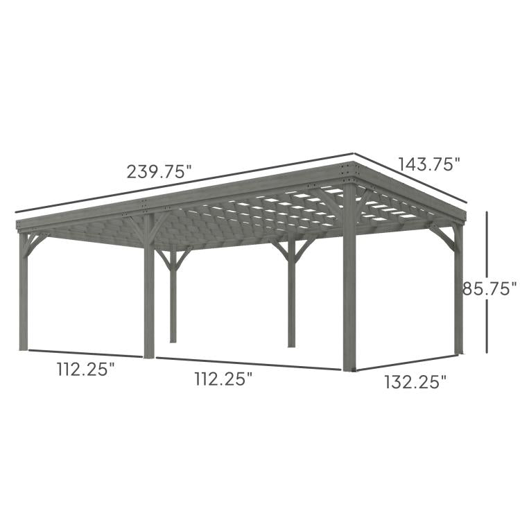 Gray pergola frame diagram with overall size measurements and slatted roof