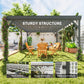 Gray wooden pergola with sturdy posts, slatted roof, and decorative string lights