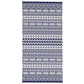 Reversible outdoor rug close-up, navy and white geometric stripes and motifs