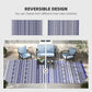Reversible outdoor rug with blue-and-white geometric pattern, layout shown on deck