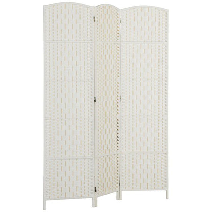 White 3-panel folding room divider screen with woven pattern and metal hinges