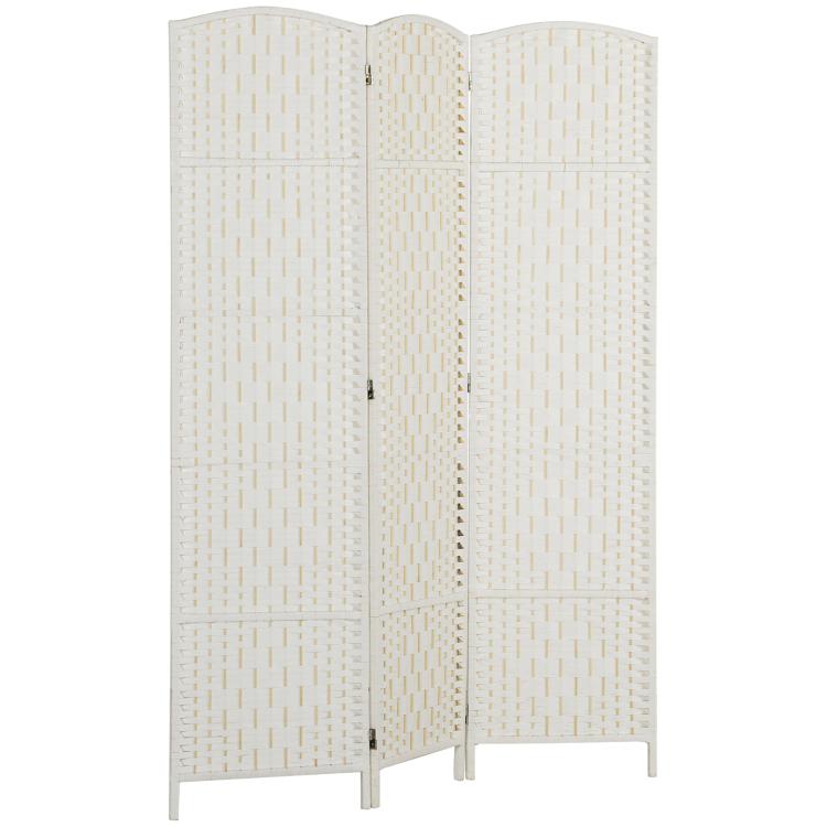 Folded 3-panel woven privacy screen divider in white, freestanding