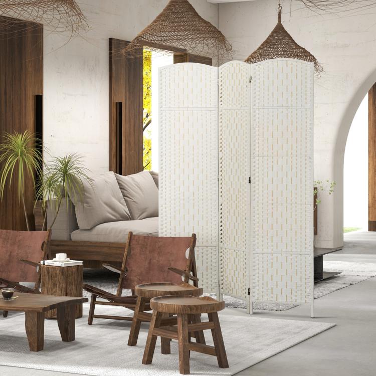 White woven 3-panel folding room divider screen in an open living space
