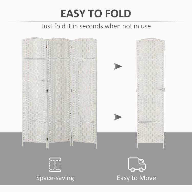 White 3-panel folding room divider shown with fold arrows and side profile