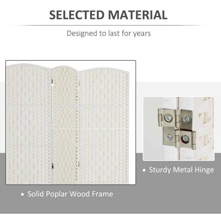 White 3-panel room divider with woven panel detail and metal hinge close-up