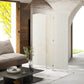 White woven 3-panel folding room divider near sofa, coffee table, and plant pot