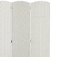 White woven 3-panel folding room divider close-up of panels and hinges