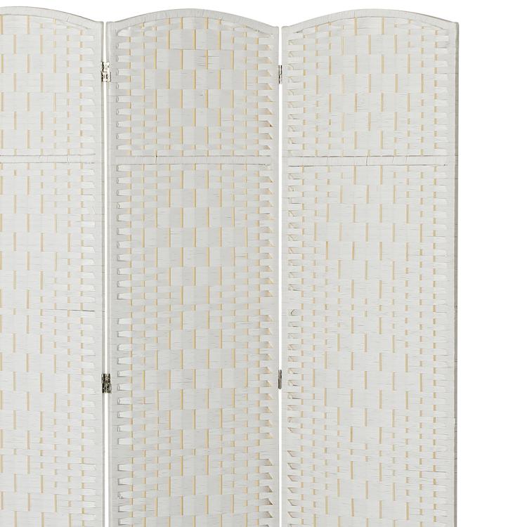 White woven 3-panel folding room divider close-up of panels and hinges