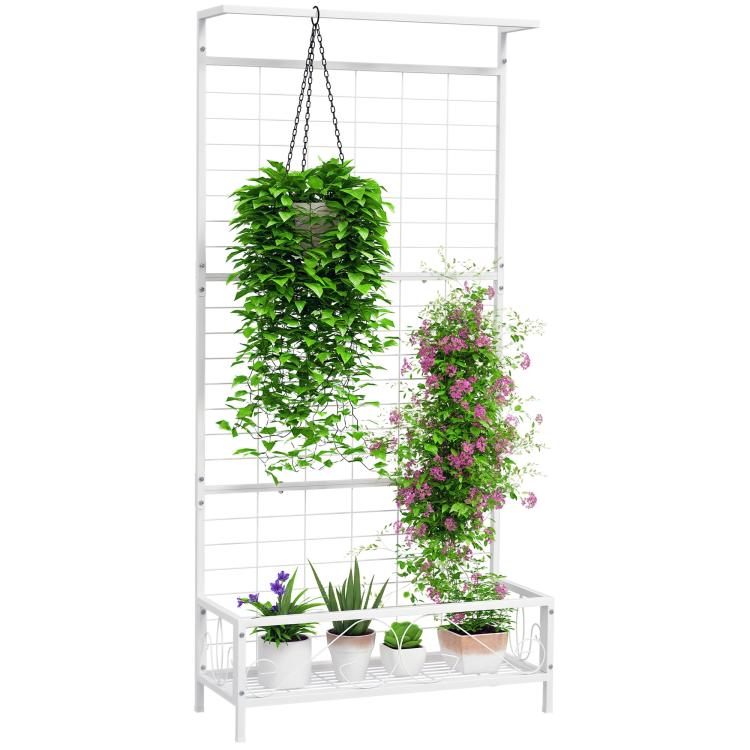 White metal vertical plant stand with trellis grid, hanging chain, and tiered pot shelf