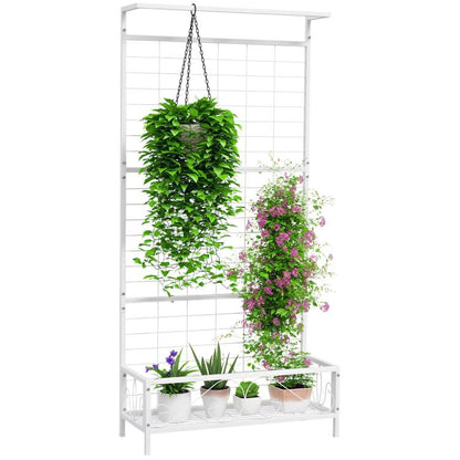 White metal vertical plant stand with trellis grid, hanging chain, and tiered pot shelf