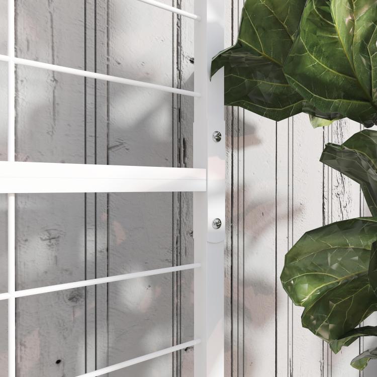 White metal tall plant stand with trellis and hanging bar detail