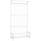 White metal plant stand with trellis panel and shelf base, tall frame