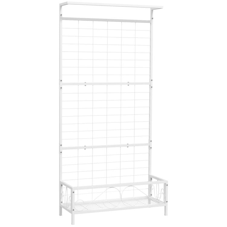 White metal plant stand with trellis panel and shelf base, tall frame