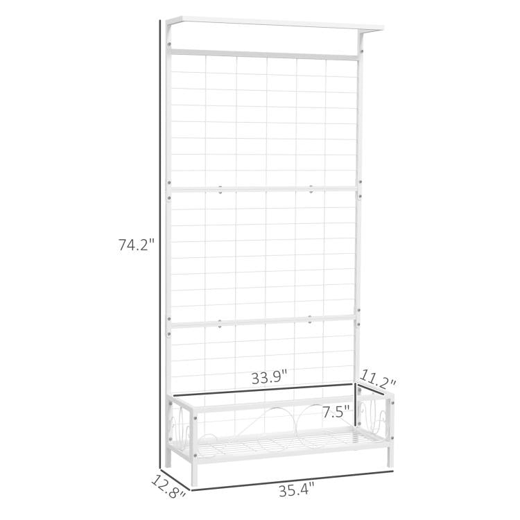 White metal plant stand with trellis panel and tiered bottom shelf layout