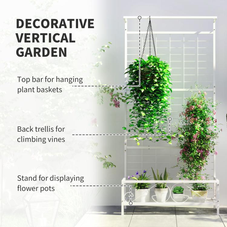 White metal vertical garden stand with top hanging bar, trellis back, and pot shelf