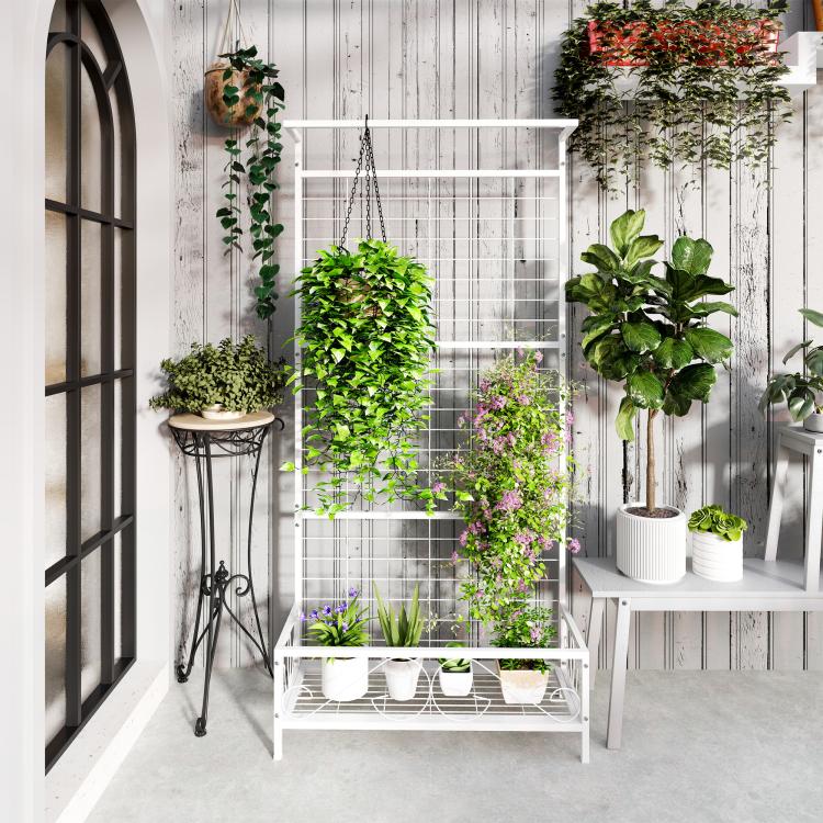 White metal vertical plant trellis with hanging chain and lower shelf of potted plants