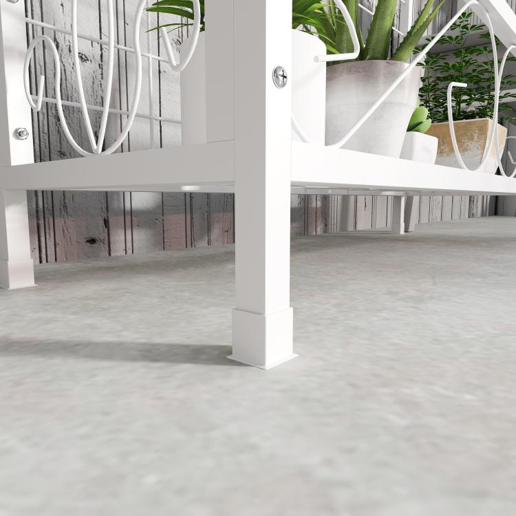 White metal plant stand base with lower shelf and trellis frame legs