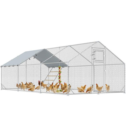 Metal chicken run enclosure with mesh walls, slanted tarp roof, and feeding area