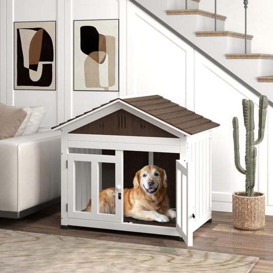 White elevated wooden dog house with dark roof and front openings; dog resting inside