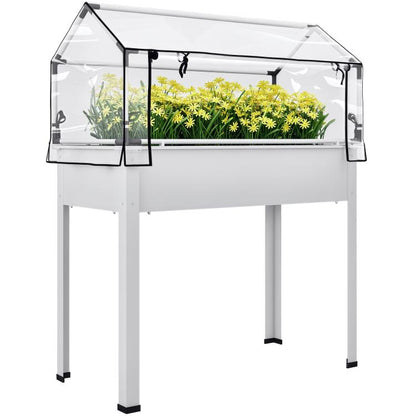 White raised garden bed with clear greenhouse cover and hinged front panels