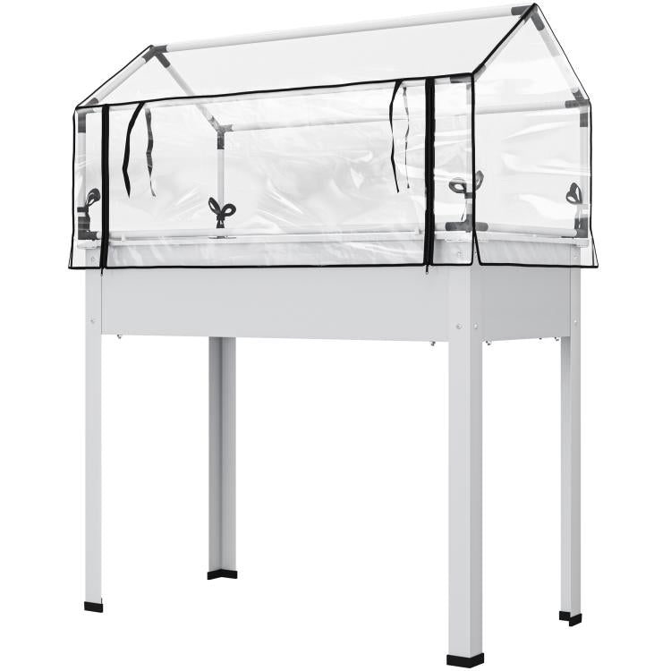 White raised garden bed with transparent greenhouse cover and side zip-like doors
