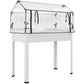 White raised garden bed with transparent greenhouse cover and side doors