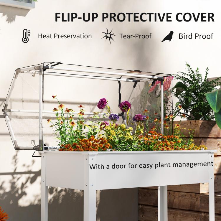 White raised garden bed greenhouse with clear protective cover and front access door