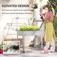 White elevated garden bed greenhouse with transparent cover and open front for access