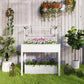 White raised garden bed with clear greenhouse cover and two levels of planted greens