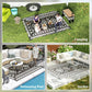 Outdoor reversible rug shown in camping, pool, and garden setups with geometric pattern