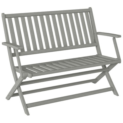 Gray foldable outdoor bench with slatted backrest and armrests for two people
