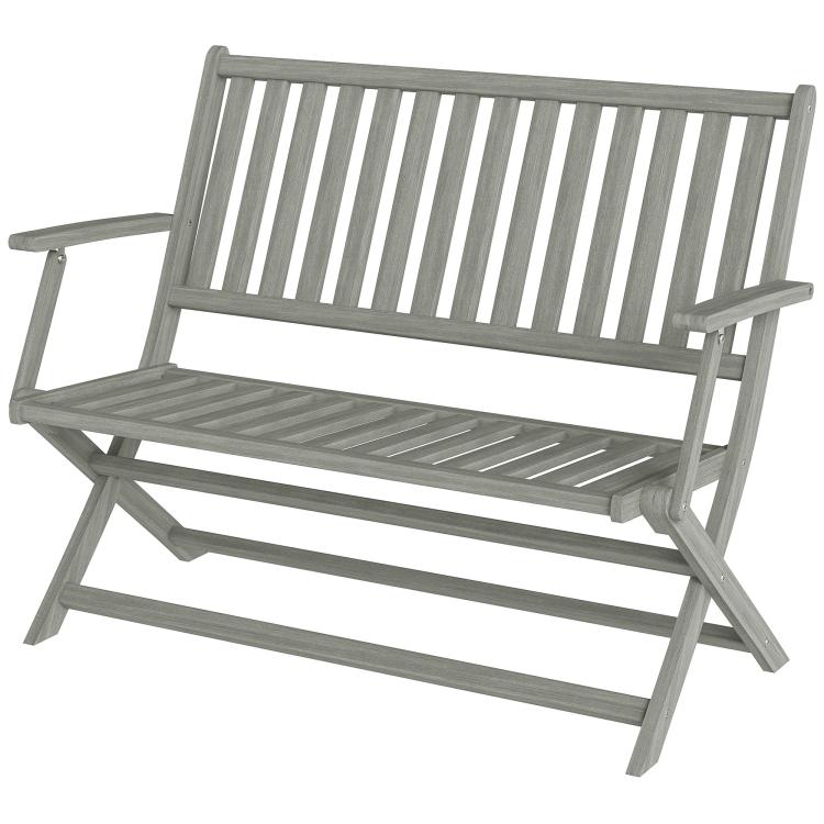 Gray foldable outdoor bench showing slatted seat, backrest, and armrests