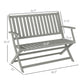 Gray foldable outdoor bench with dimensions, slatted seat and backrest