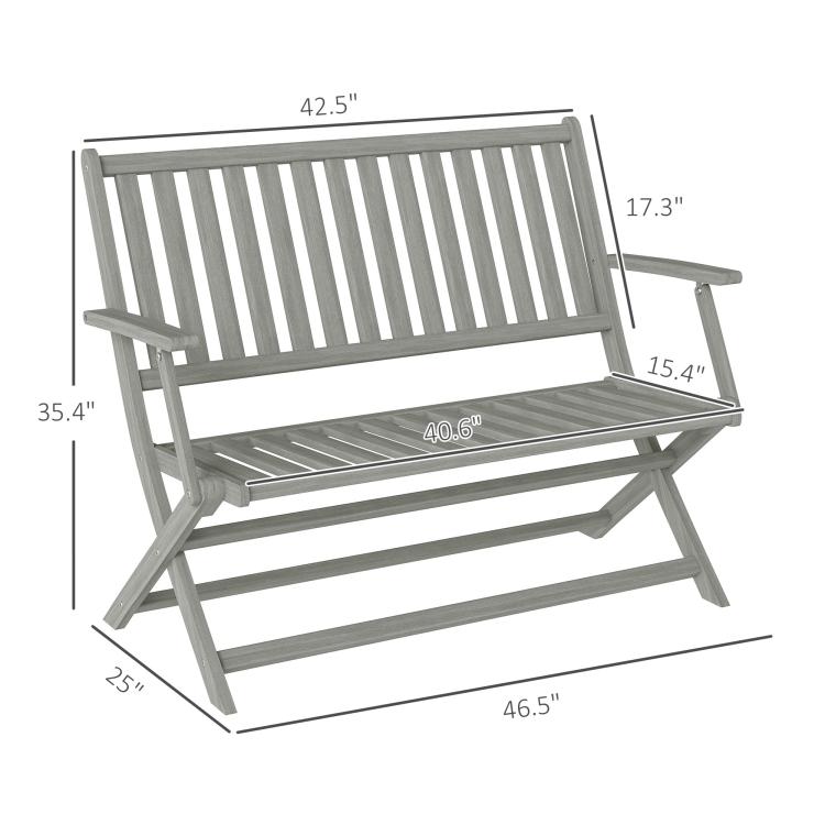 Gray foldable outdoor bench with dimensions, slatted seat and backrest