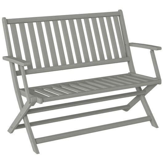 Gray foldable outdoor bench with slatted backrest and armrests for two people