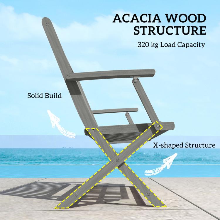 Gray bench with angled slats and X-shaped folded support frame