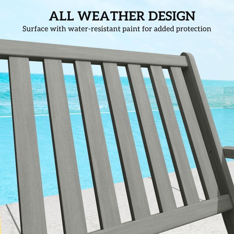 Close-up of gray slatted backrest on a foldable outdoor bench