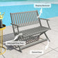 Gray bench with slatted seat, sloping backrest, and sturdy flat feet
