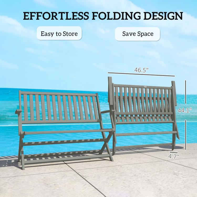 Pair of gray folding outdoor benches with slatted backrest, folded for storage