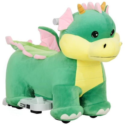 Green plush ride-on dinosaur toy with pink wings and horned head