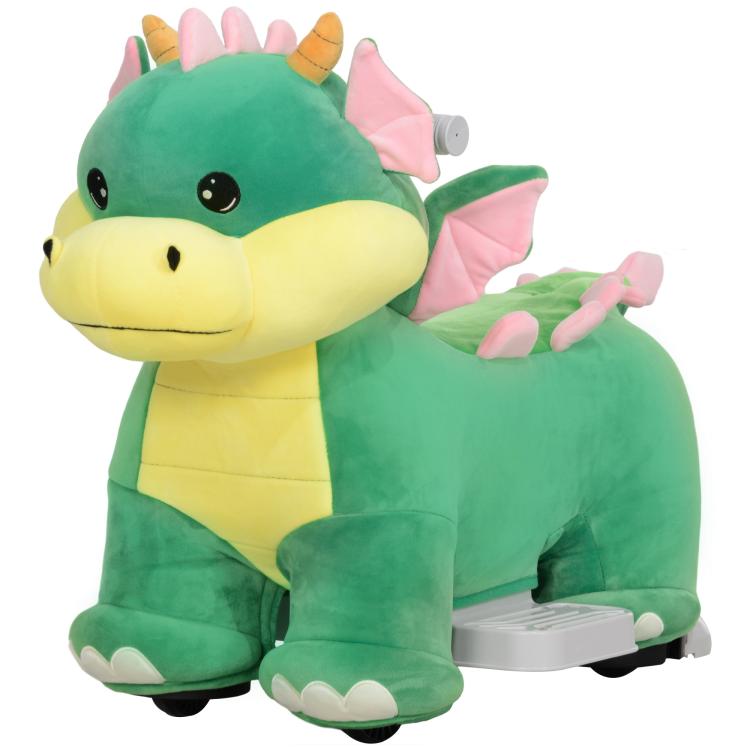 Green plush ride-on dinosaur toy facing left, pink wings and horn details
