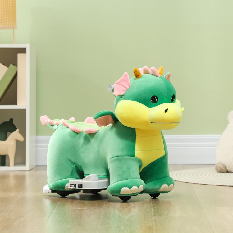 Green plush ride-on dinosaur toy with pink wings and yellow face