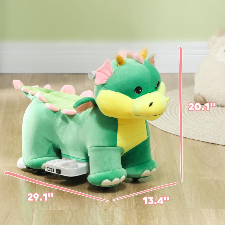 Green plush ride-on dinosaur toy with pink wings and front ride base