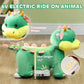 Green plush ride-on dinosaur toy with horned head and white control base