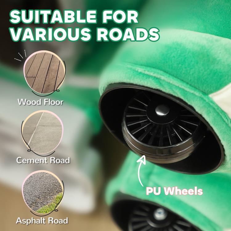 Close-up of green ride-on dinosaur PU wheel for outdoor driving