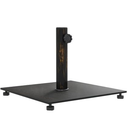 Square metal patio umbrella base with bronze pole holder and adjustable foot pads
