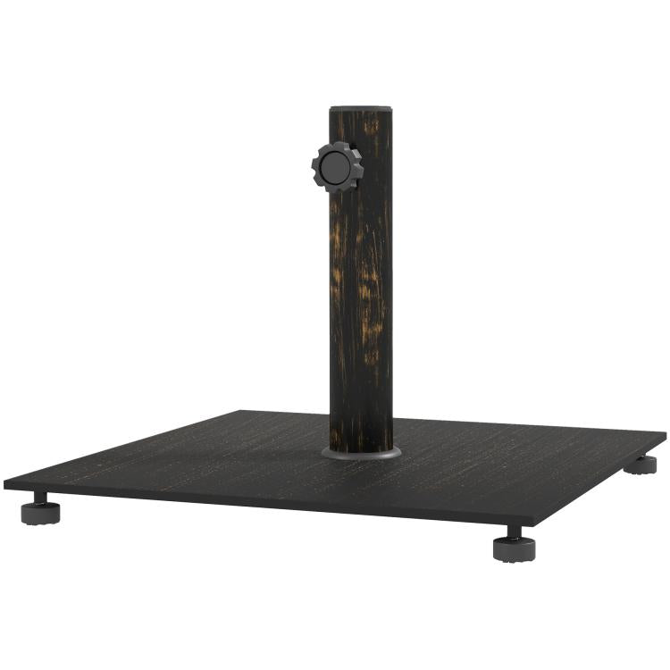 Square metal umbrella base with upright pole insert and adjustable feet, bronze